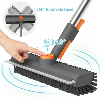 3-in-1 Floor Scrub Brush with Long Handle, Heavy Duty Bathroom Cleaning Brush with Squeegee, Double-Sided Shower Scrubber for Tub, Kitchen, Patio, Garage & Home Use