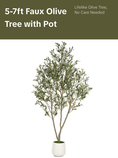 Faux Olive Tree 5FT 6FT 7FT, Artificial Olive Plant with Realistic Green Leaves and White Planter Pot, Modern Decorative Tree for Home Office Interior