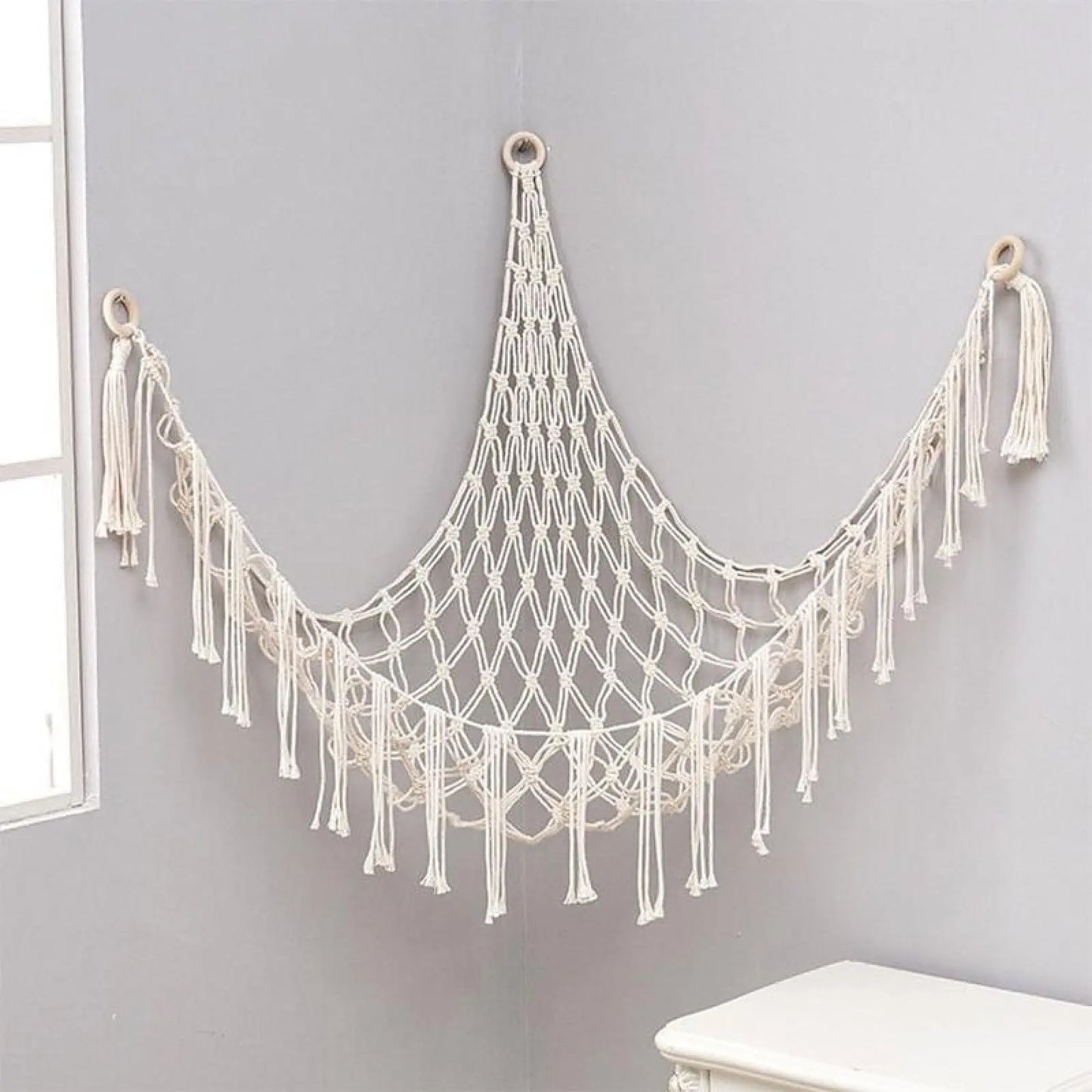 60in Plush Toy Hammock, Large Hanging Stuffed Animal Storage Net for Kids Bedroom, Boho Cotton Corner Organizer, Nursery Decor & Toy Room Space Saver