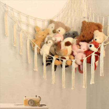 60in Plush Toy Hammock, Large Hanging Stuffed Animal Storage Net for Kids Bedroom, Boho Cotton Corner Organizer, Nursery Decor & Toy Room Space Saver