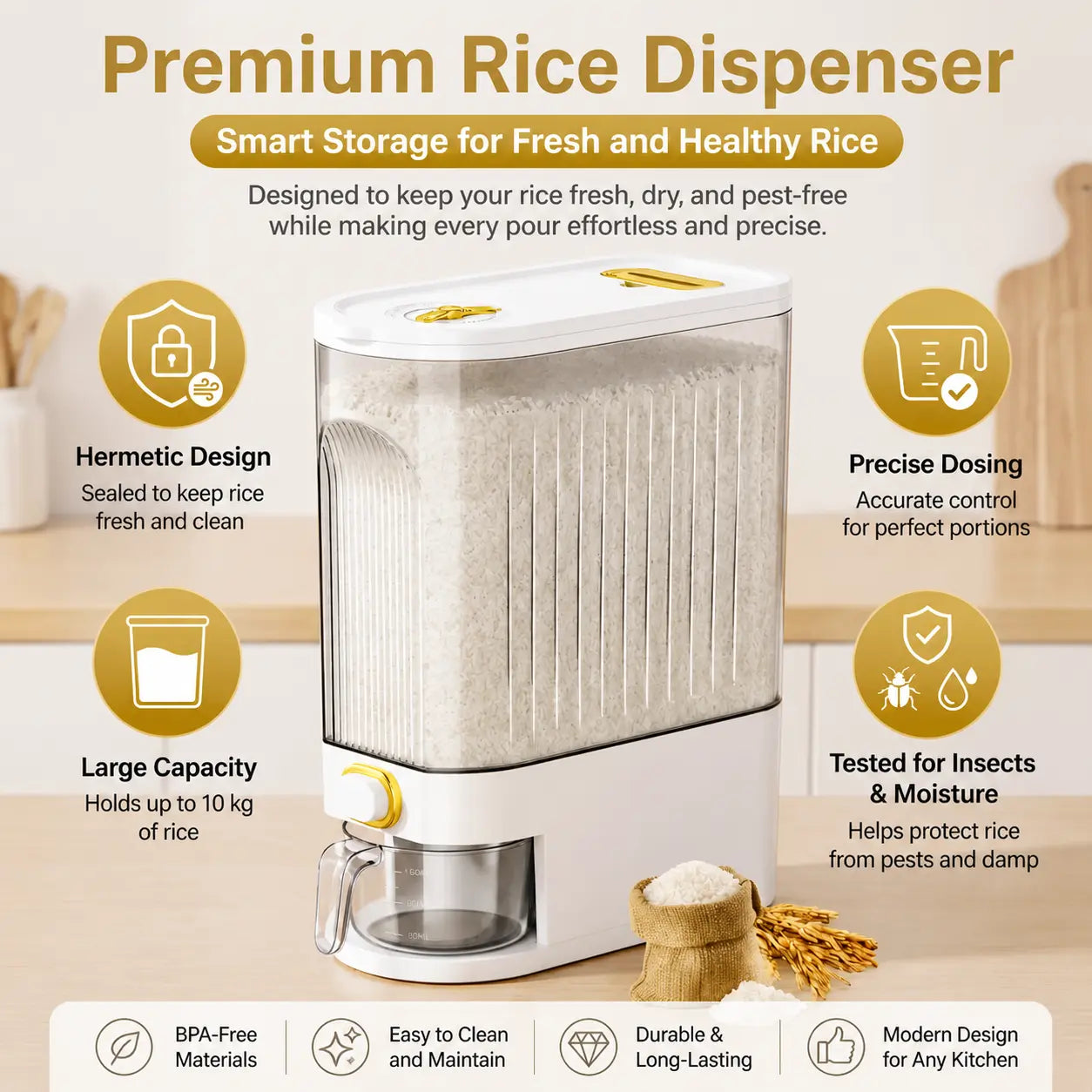 Large Capacity Rice Storage Container with Measuring Cup, Airtight Food Dispenser for Kitchen Organization, Stackable Grain Storage Bin for Rice, Cereals, Beans & Pet Food