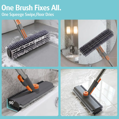 3-in-1 Floor Scrub Brush with Long Handle, Heavy Duty Bathroom Cleaning Brush with Squeegee, Double-Sided Shower Scrubber for Tub, Kitchen, Patio, Garage & Home Use