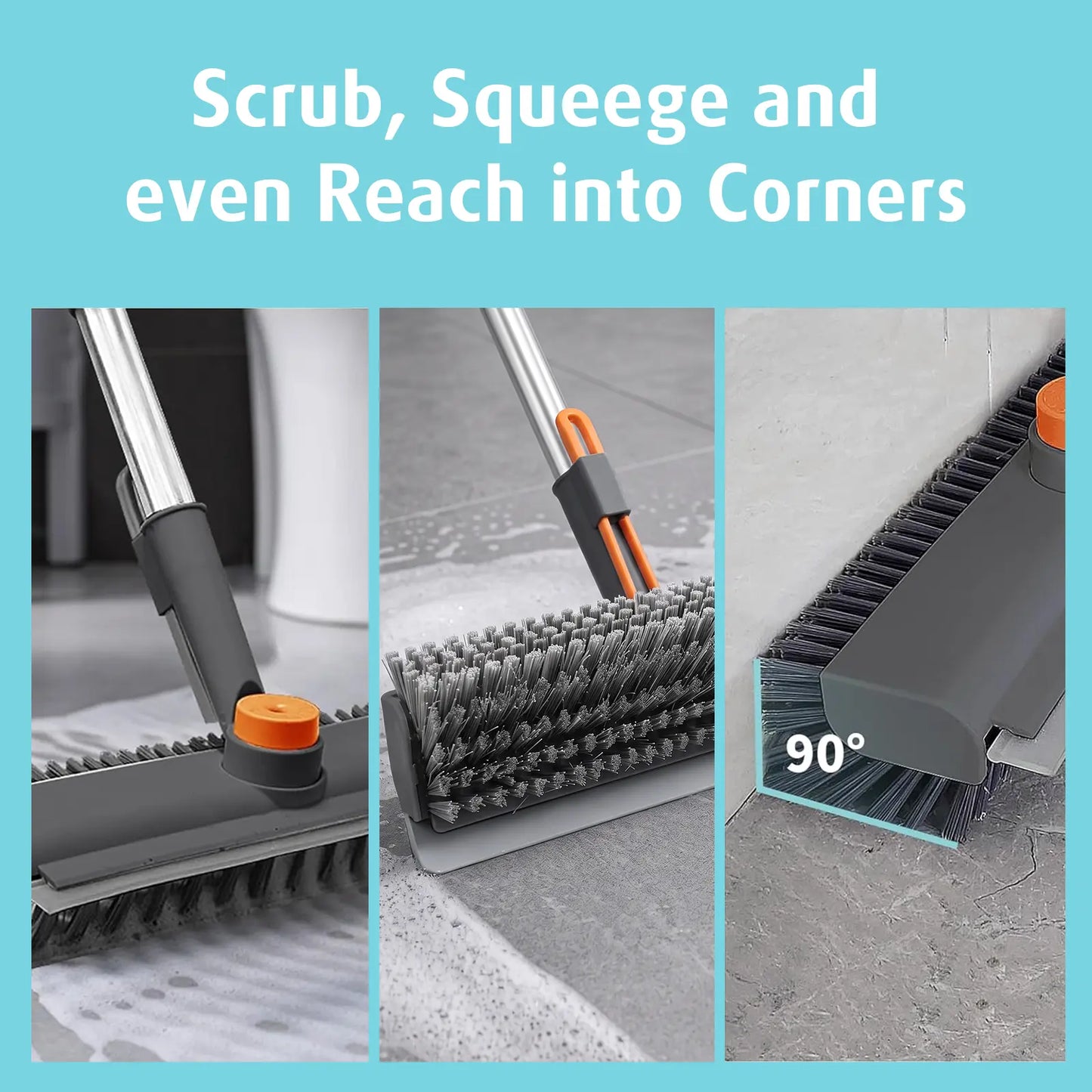 3-in-1 Floor Scrub Brush with Long Handle, Heavy Duty Bathroom Cleaning Brush with Squeegee, Double-Sided Shower Scrubber for Tub, Kitchen, Patio, Garage & Home Use