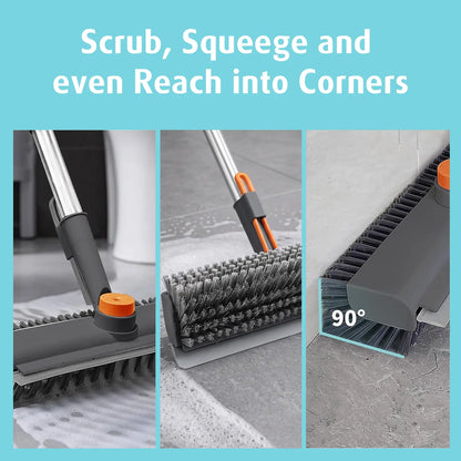 3-in-1 Floor Scrub Brush with Long Handle, Heavy Duty Bathroom Cleaning Brush with Squeegee, Double-Sided Shower Scrubber for Tub, Kitchen, Patio, Garage & Home Use