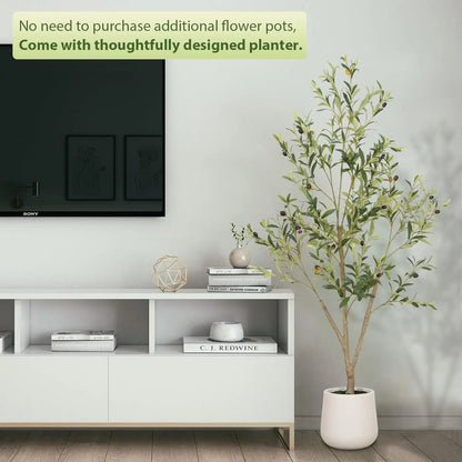 Faux Olive Tree 5FT 6FT 7FT, Artificial Olive Plant with Realistic Green Leaves and White Planter Pot, Modern Decorative Tree for Home Office Interior