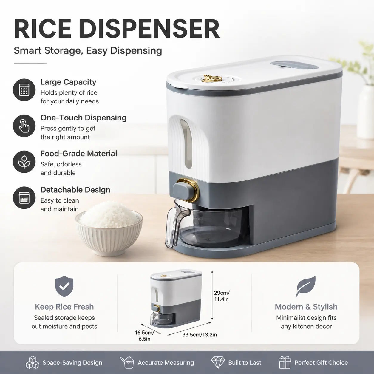 Large Capacity Rice Storage Container with Measuring Cup, Airtight Food Dispenser for Kitchen Organization, Stackable Grain Storage Bin for Rice, Cereals, Beans & Pet Food