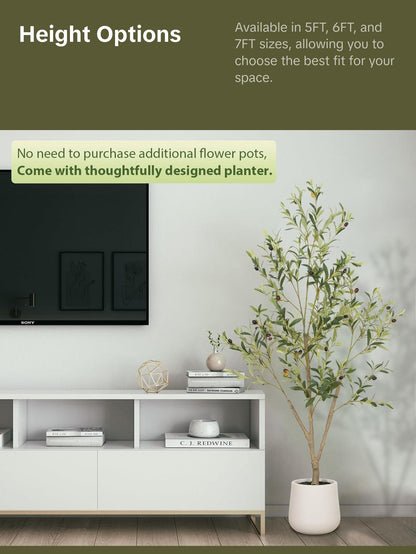 Faux Olive Tree 5FT 6FT 7FT, Artificial Olive Plant with Realistic Green Leaves and White Planter Pot, Modern Decorative Tree for Home Office Interior