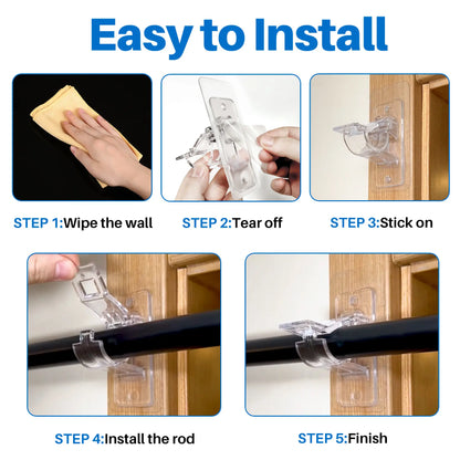 6 Pack Self Adhesive Curtain Rod Holders, No Drill No Damage Installation, Strong Wall Hooks for Curtains, Blinds, Bathroom, Dorm & Home Decoration