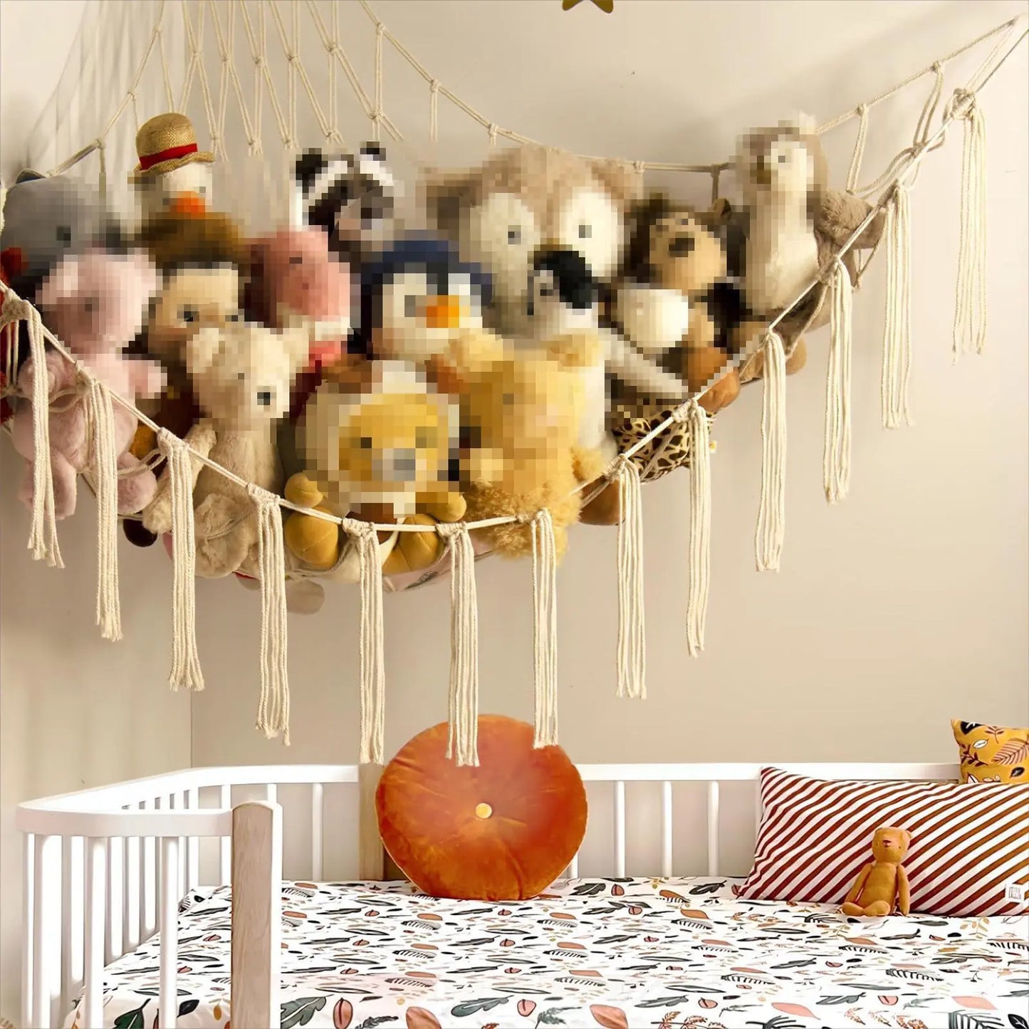 60in Plush Toy Hammock, Large Hanging Stuffed Animal Storage Net for Kids Bedroom, Boho Cotton Corner Organizer, Nursery Decor & Toy Room Space Saver