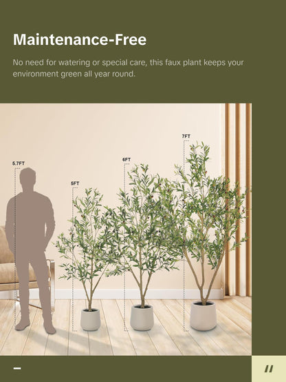 Faux Olive Tree 5FT 6FT 7FT, Artificial Olive Plant with Realistic Green Leaves and White Planter Pot, Modern Decorative Tree for Home Office Interior