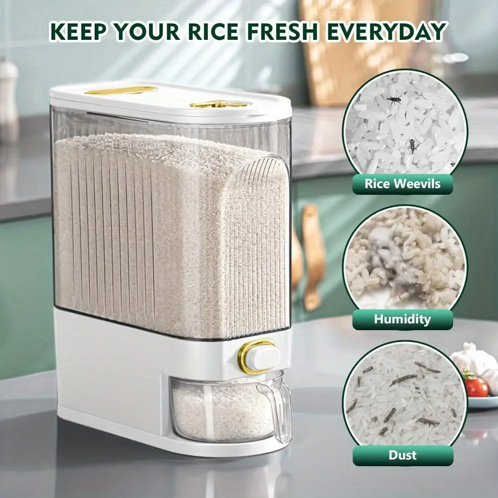 Large Capacity Rice Storage Container with Measuring Cup, Airtight Food Dispenser for Kitchen Organization, Stackable Grain Storage Bin for Rice, Cereals, Beans & Pet Food