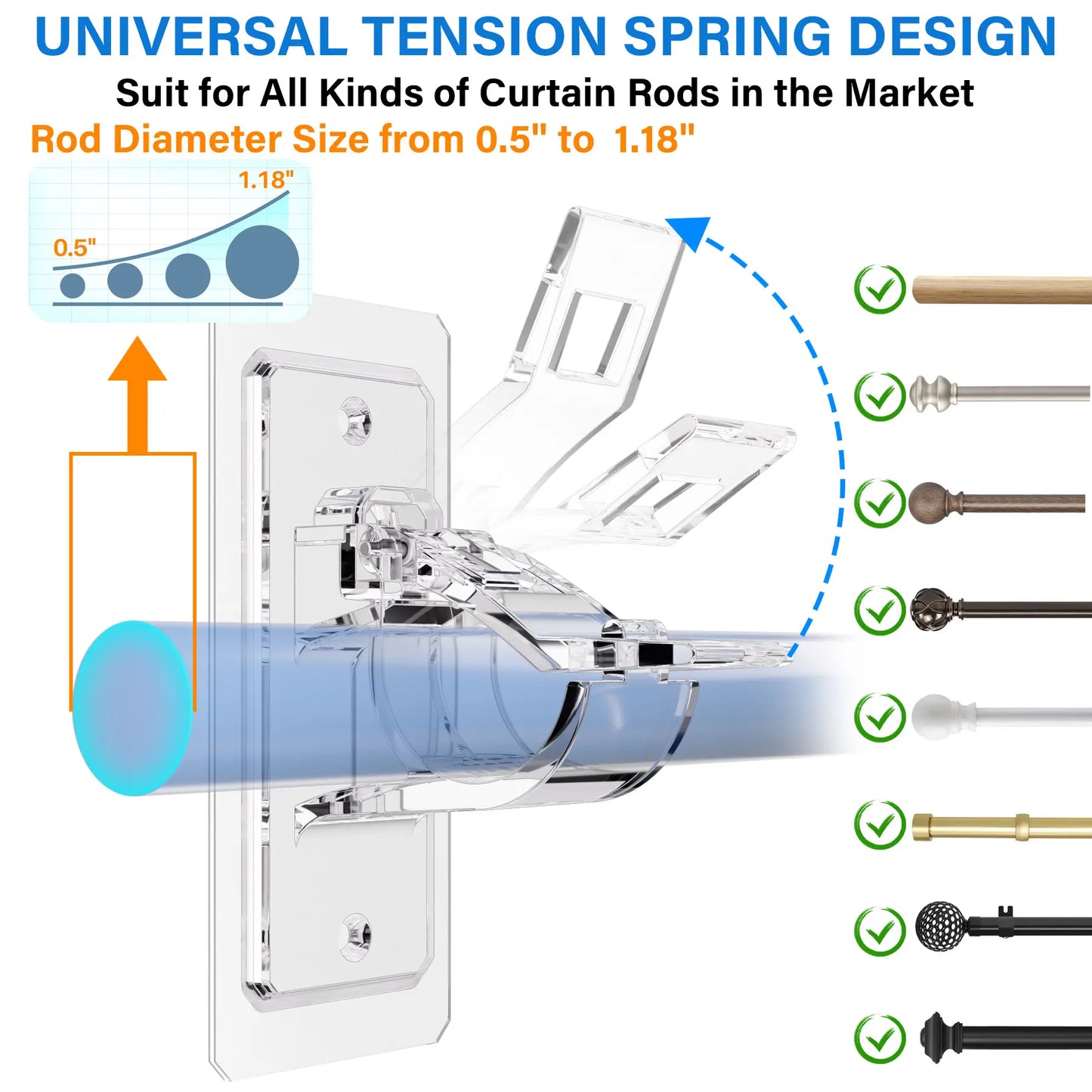 6 Pack Self Adhesive Curtain Rod Holders, No Drill No Damage Installation, Strong Wall Hooks for Curtains, Blinds, Bathroom, Dorm & Home Decoration