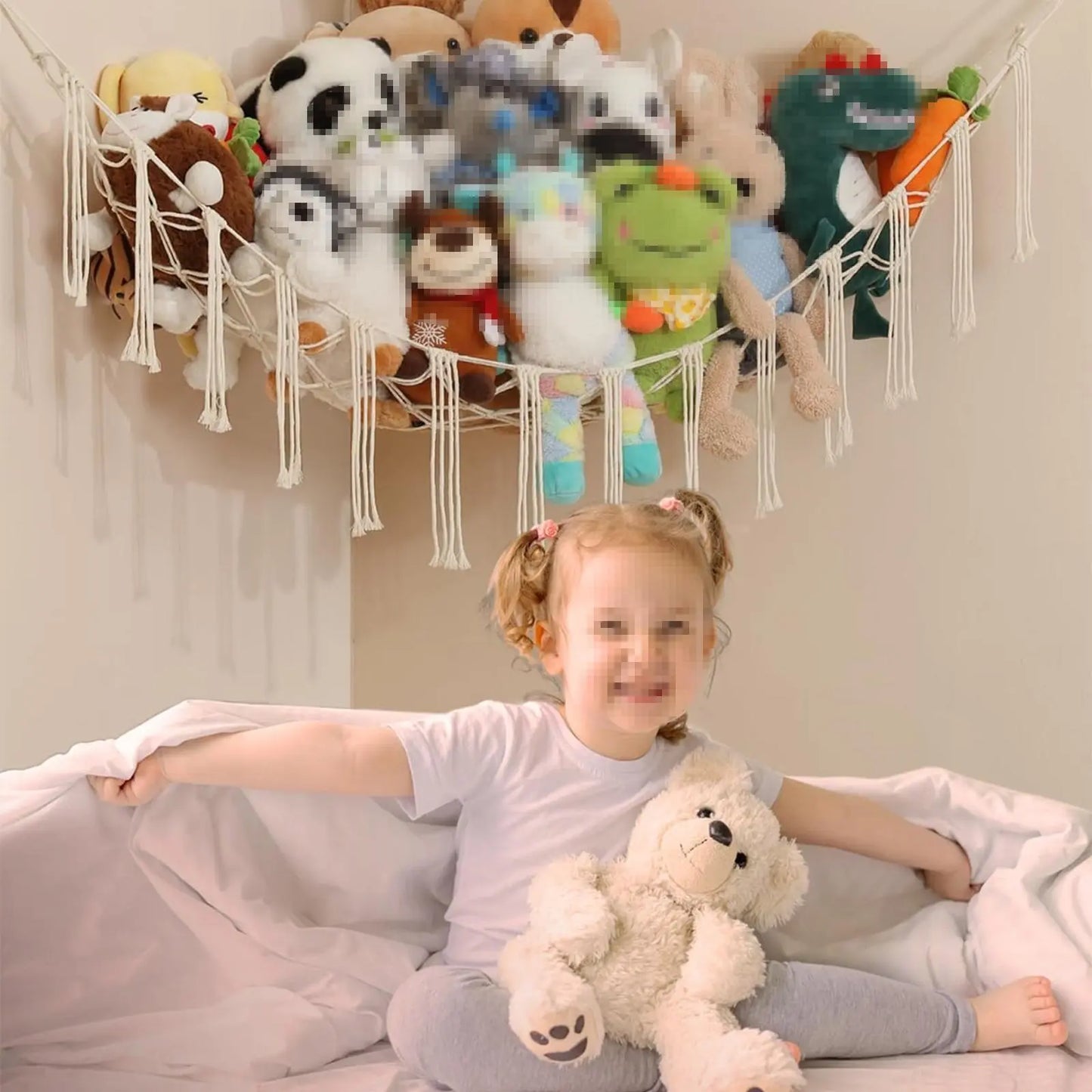 60in Plush Toy Hammock, Large Hanging Stuffed Animal Storage Net for Kids Bedroom, Boho Cotton Corner Organizer, Nursery Decor & Toy Room Space Saver