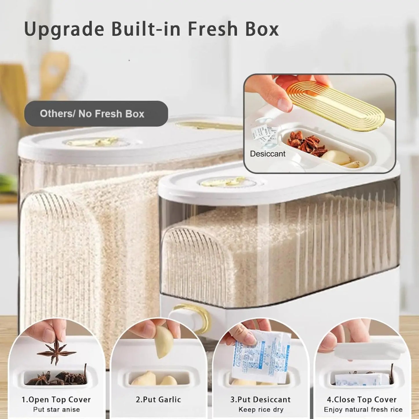 Large Capacity Rice Storage Container with Measuring Cup, Airtight Food Dispenser for Kitchen Organization, Stackable Grain Storage Bin for Rice, Cereals, Beans & Pet Food