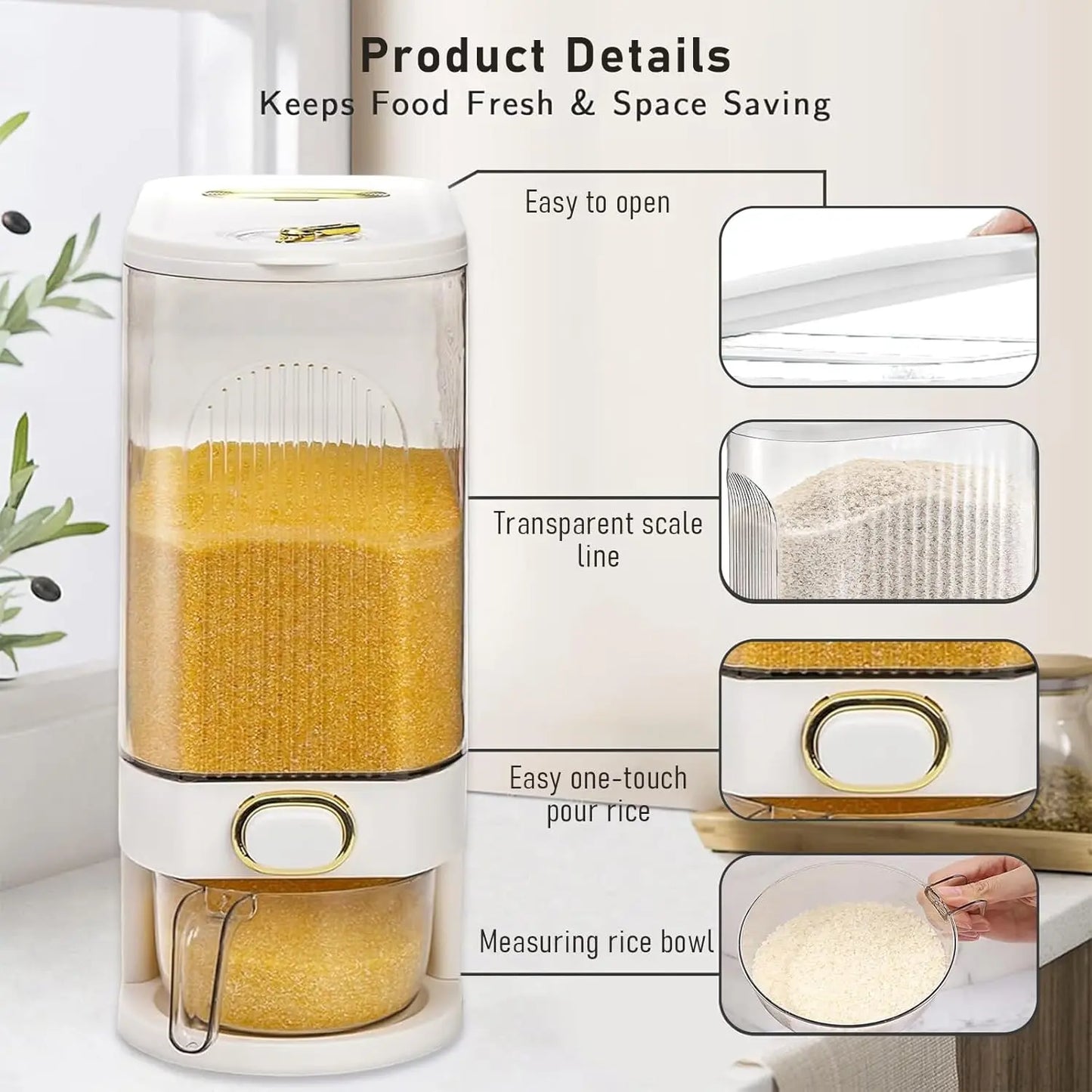 Large Capacity Rice Storage Container with Measuring Cup, Airtight Food Dispenser for Kitchen Organization, Stackable Grain Storage Bin for Rice, Cereals, Beans & Pet Food