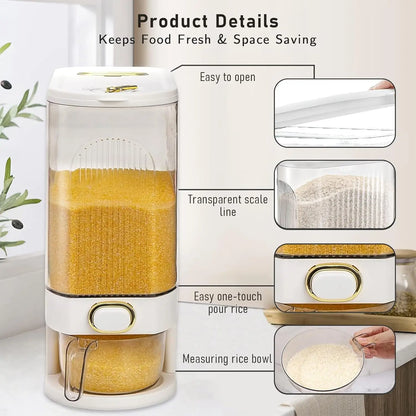 Large Capacity Rice Storage Container with Measuring Cup, Airtight Food Dispenser for Kitchen Organization, Stackable Grain Storage Bin for Rice, Cereals, Beans & Pet Food