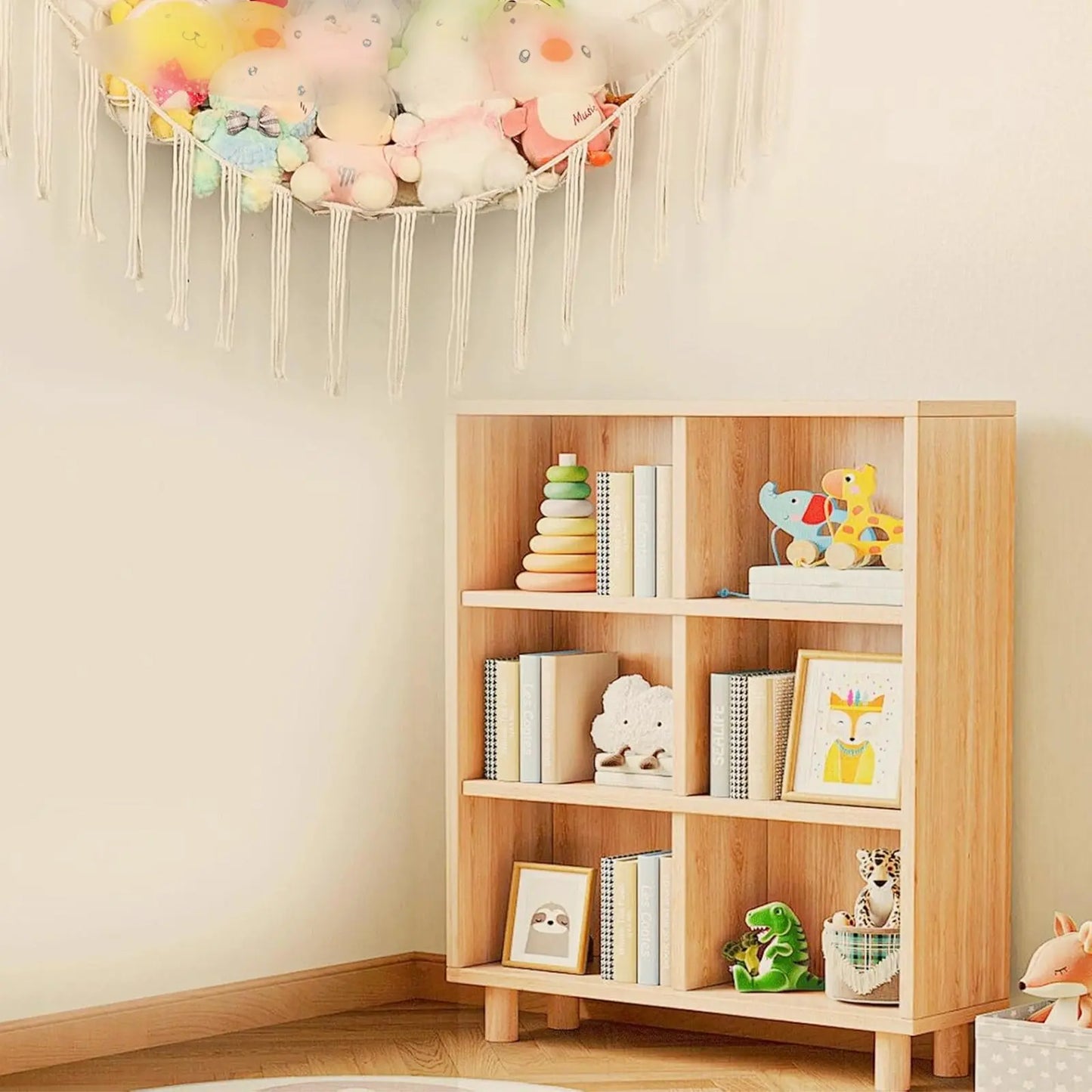 60in Plush Toy Hammock, Large Hanging Stuffed Animal Storage Net for Kids Bedroom, Boho Cotton Corner Organizer, Nursery Decor & Toy Room Space Saver