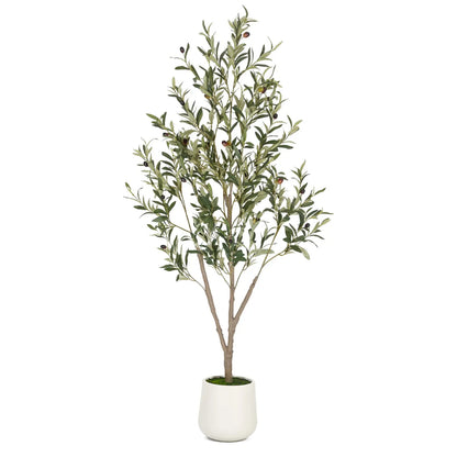 Faux Olive Tree 5FT 6FT 7FT, Artificial Olive Plant with Realistic Green Leaves and White Planter Pot, Modern Decorative Tree for Home Office Interior