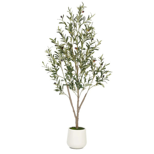 Faux Olive Tree 5FT 6FT 7FT, Artificial Olive Plant with Realistic Green Leaves and White Planter Pot, Modern Decorative Tree for Home Office Interior
