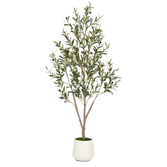 Faux Olive Tree 5FT 6FT 7FT, Artificial Olive Plant with Realistic Green Leaves and White Planter Pot, Modern Decorative Tree for Home Office Interior