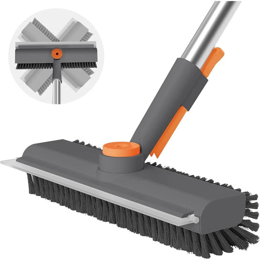 3-in-1 Floor Scrub Brush with Long Handle, Heavy Duty Bathroom Cleaning Brush with Squeegee, Double-Sided Shower Scrubber for Tub, Kitchen, Patio, Garage & Home Use