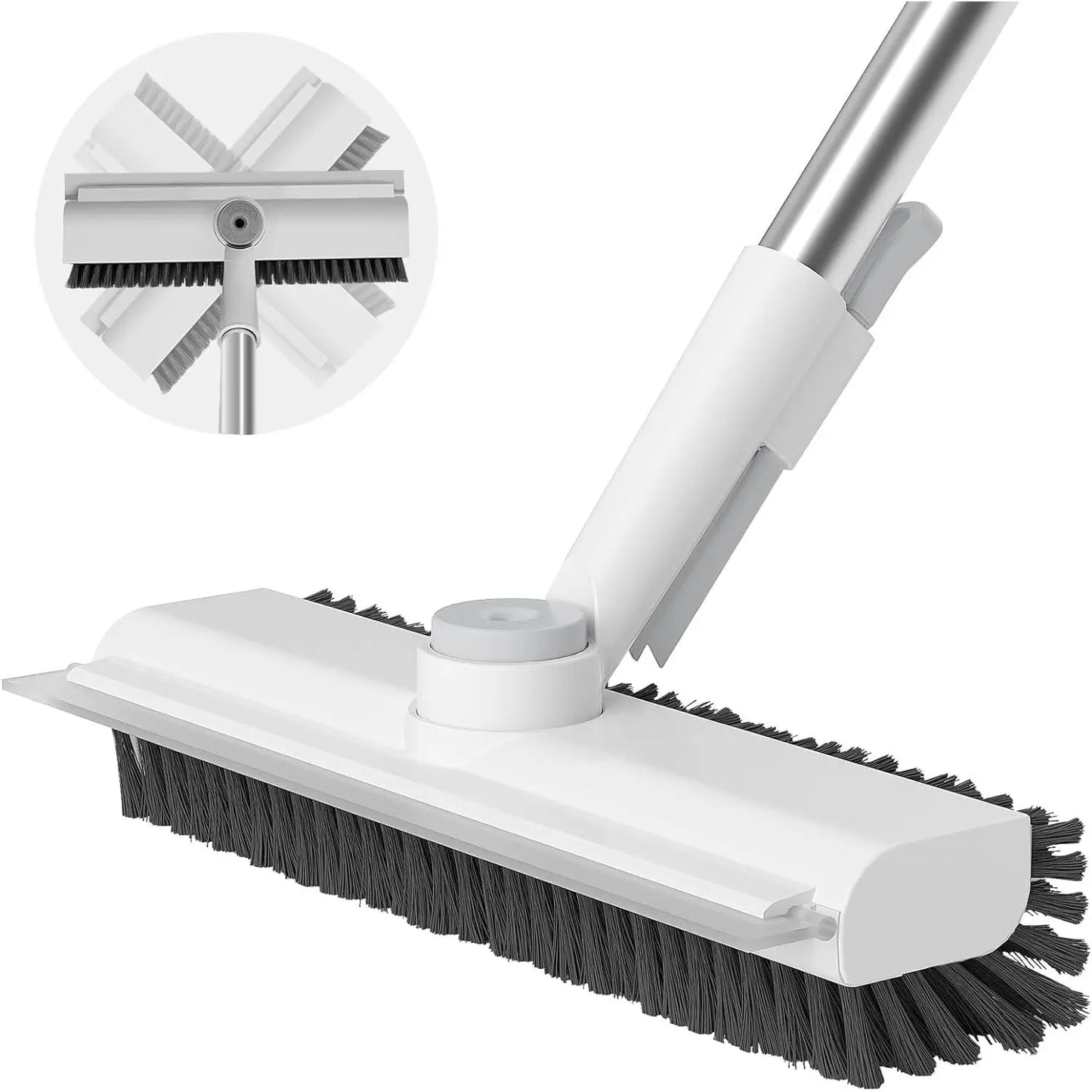3-in-1 Floor Scrub Brush with Long Handle, Heavy Duty Bathroom Cleaning Brush with Squeegee, Double-Sided Shower Scrubber for Tub, Kitchen, Patio, Garage & Home Use
