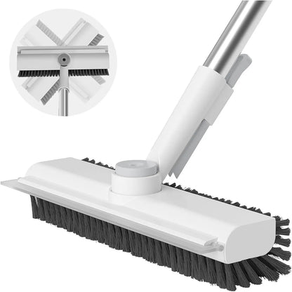 3-in-1 Floor Scrub Brush with Long Handle, Heavy Duty Bathroom Cleaning Brush with Squeegee, Double-Sided Shower Scrubber for Tub, Kitchen, Patio, Garage & Home Use