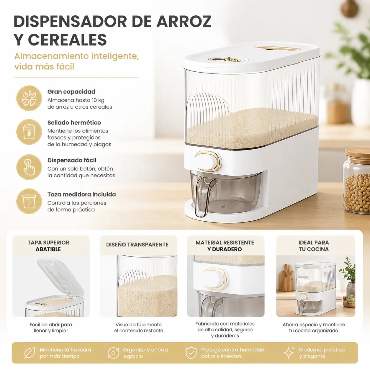 Large Capacity Rice Storage Container with Measuring Cup, Airtight Food Dispenser for Kitchen Organization, Stackable Grain Storage Bin for Rice, Cereals, Beans & Pet Food
