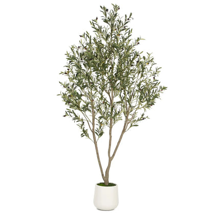 Faux Olive Tree 5FT 6FT 7FT, Artificial Olive Plant with Realistic Green Leaves and White Planter Pot, Modern Decorative Tree for Home Office Interior